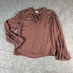 Garnet Hill Zoe Tie Neck Top Womens Large Swiss Dot Blouse